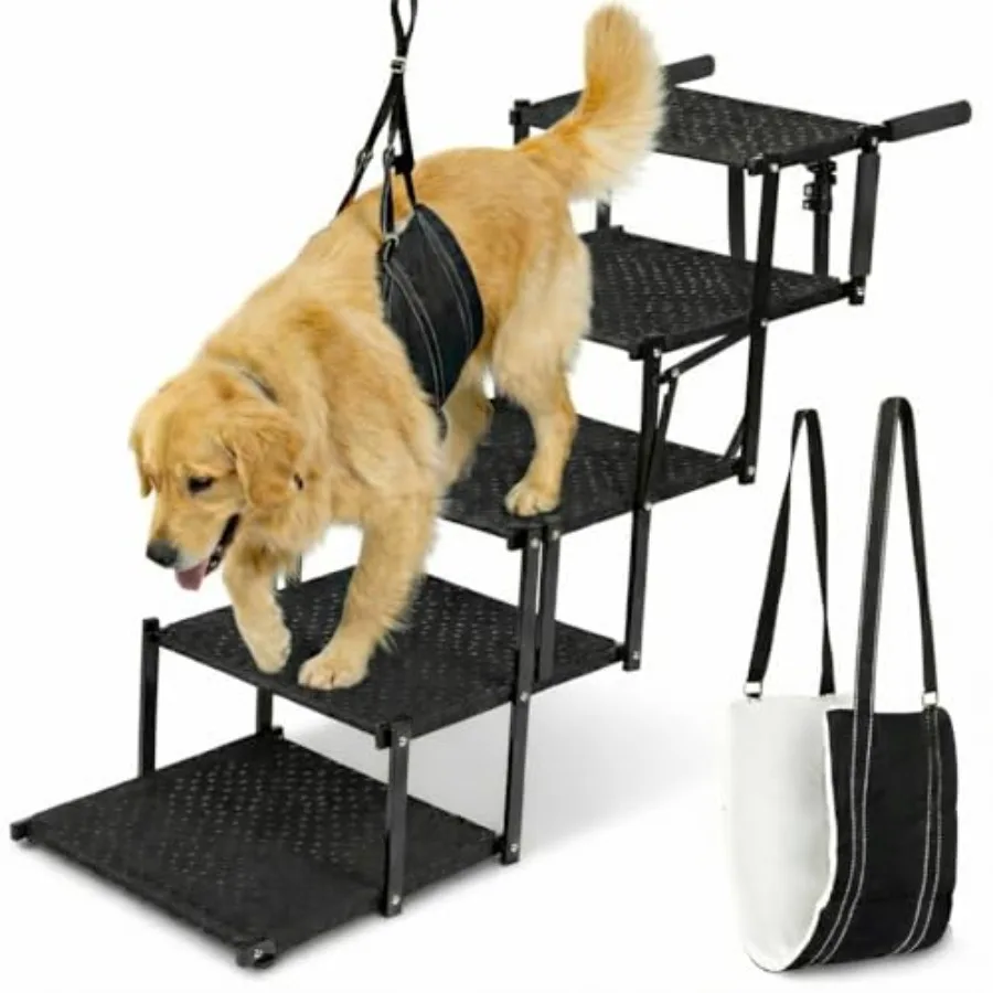 

Лестница для собак крупных пород для автомобиля, 5-ступенчатая складная лестница для собак, грузоподъемность 200 фунтов, нескользящие ступеньки, размер XL, с ремнем безопасности, для домашних животных
