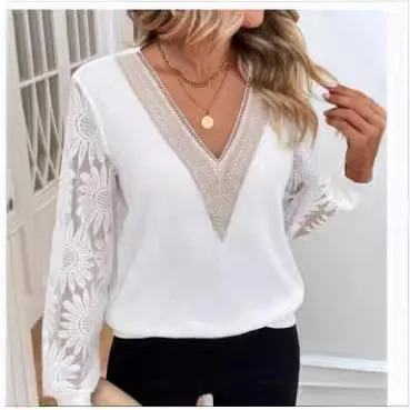 New autumn women\'s fashion temperament, casual and elegant commuting long sleeved V-neck patchwork hollow lace T-shirt