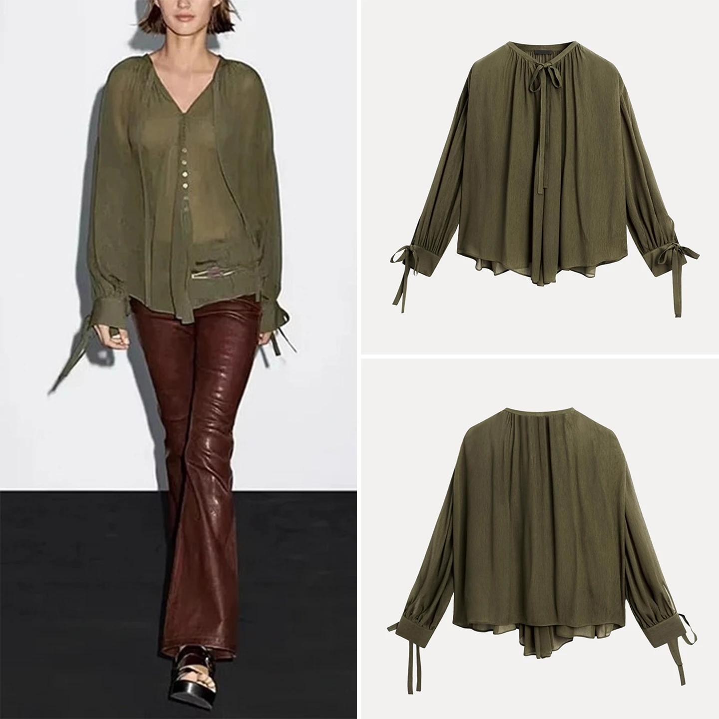 

Summer 2025 Women's Sle Knot Long Sve irt Belted Polyester Fiber Loose Fit V-Ne Casual Breathable irt