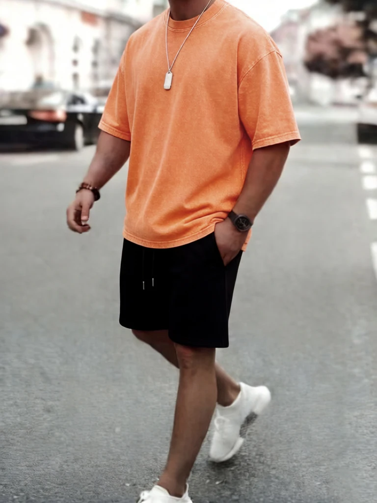 

Men Summer Solid Washed T-Shirts Shorts Set Cotton Loose Short Sleeve Casual Sport Running Pants Retro Fashion Basic Clothing