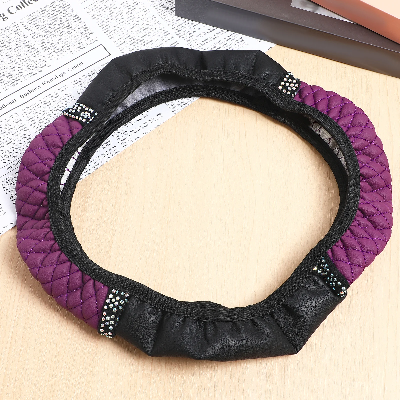 

Purple Steering Wheel Cover Sparkly Rhinestone Decor Tight Fit Soft PU Grip Auto Steering Wheel Covers Car Accessory