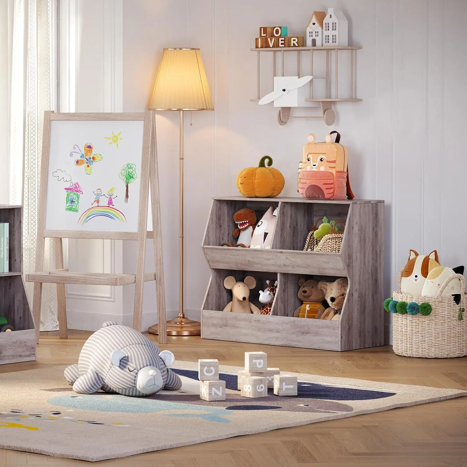 Perchero independiente con 14 ganchos, base de madera natural y altura ajustable para un fácil montaje