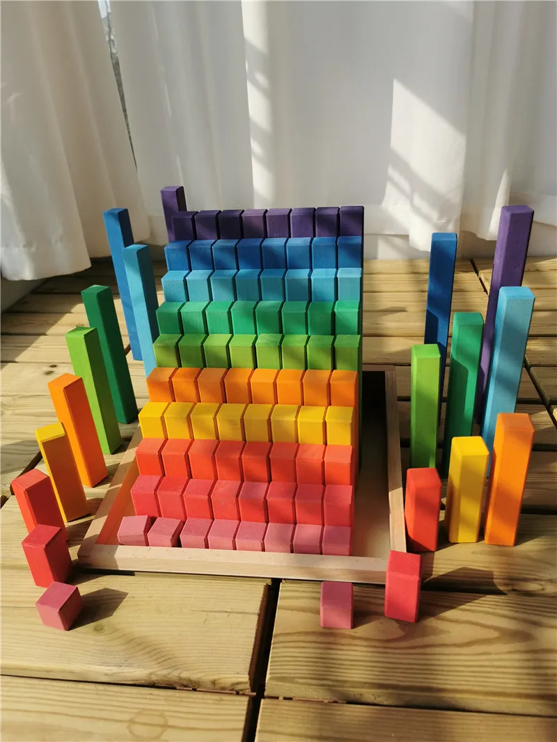 Large Wooden Building Blocks Set Rainbow Stacking Counting Timber Square Construction Tube Toys for Kids Educational Play