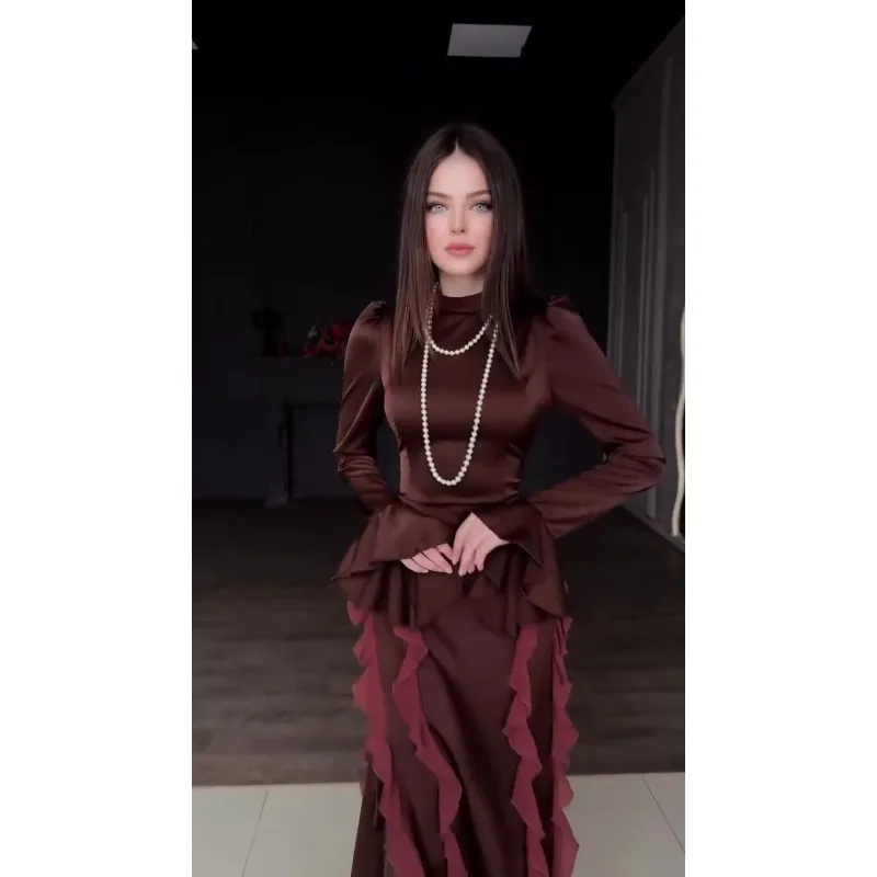 Chiffon Splicing Satin Solid Long Dresses Spring Women Long Sleeve Half High Collar Dress Autumn High Waist Floor Length Dress