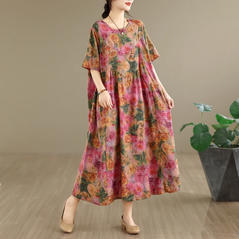 

Новое летнее ретро-платье из хлопка и льна с круглым вырезом, карманами и короткими рукавами, женское свободное приталенное платье А-силуэта в художественном стиле с завышенной талией