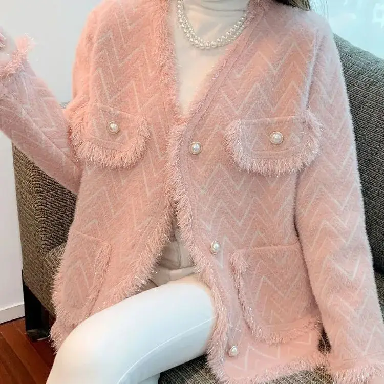 

2023 Spring Autumn New V-neck Sweater Short Coat Women Long Sleeve Knitted Cardigan Faux Mink Tassels Button Loose Tops Y60