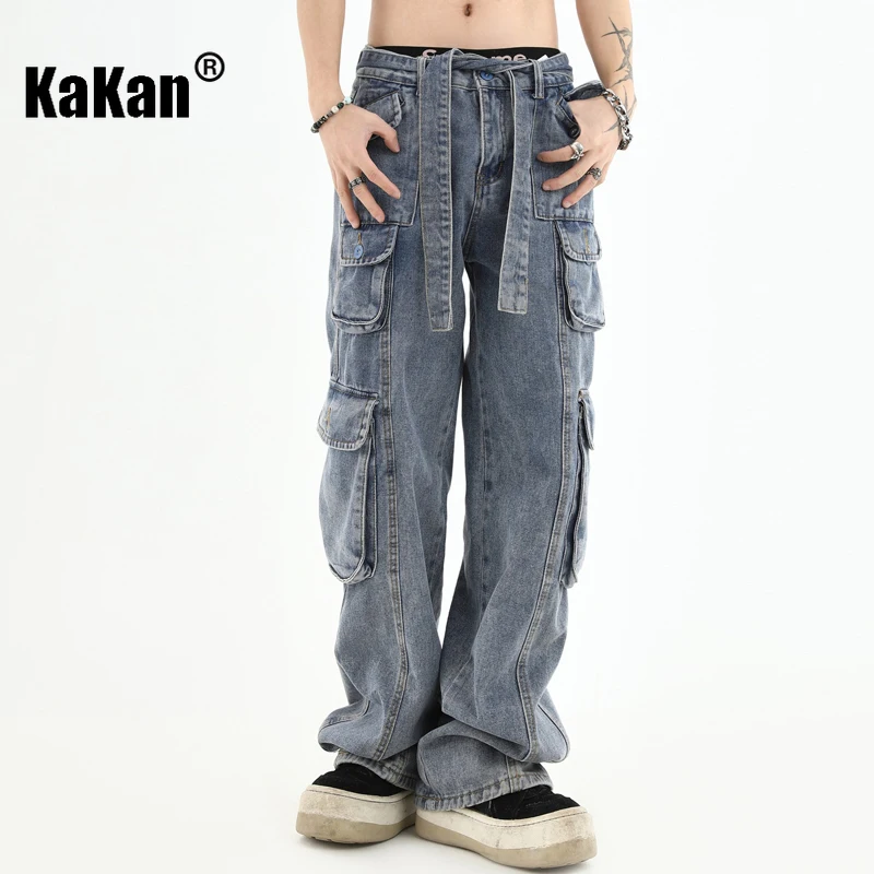 Kakan - New American Stereoscopic Multi Pocket Jeans for Men, Washed Straight Tube Loose Relaxed Long Jeans K27