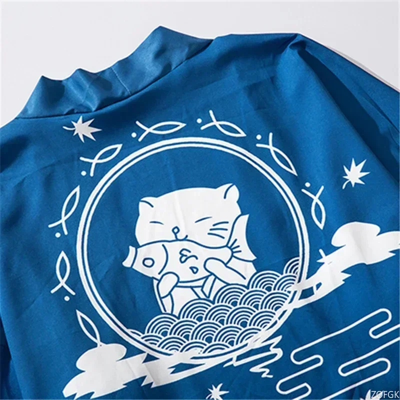 كيمونو ياباني مطبوع عليه قطة، كيمونو رفيع للرجال، ملابس الشارع اليابانية، أزرق، كاجوال، ملابس خارجية كرتونية