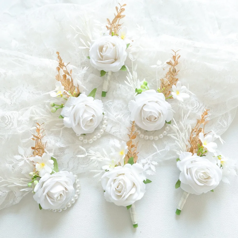 

White Wrist Corsage and Boutonniere Flower On Wrist for Bride Bridesmaid Wedding Boutonniere for Men Groom Groomsman Wedding