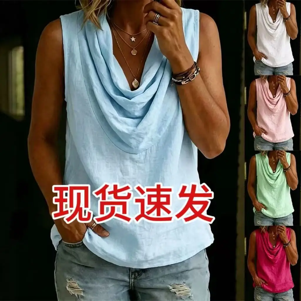 T shirt women 2026 fashion new summer pile collar vest Cotton linen casual sleeveless tshirt women's clothing