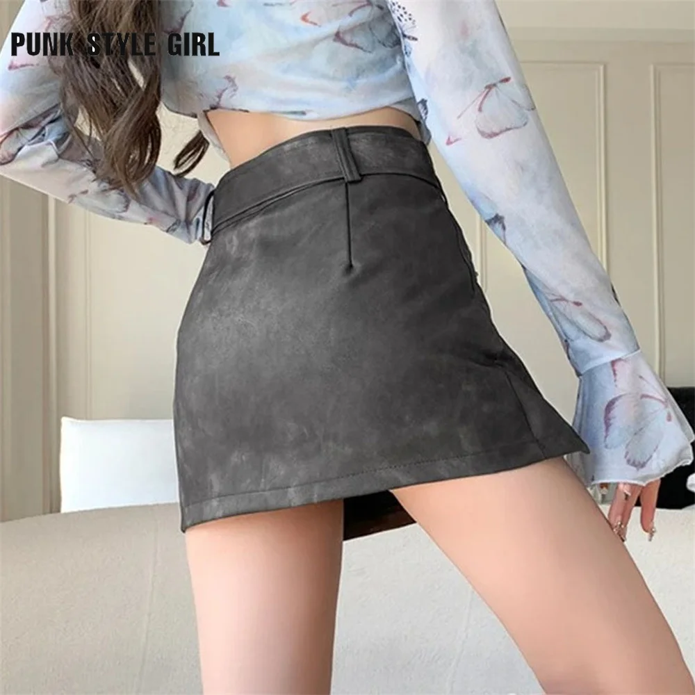 2025 Damen Kaffee A-Linie PU Lederrock Vintage Streetwear 90er Jahre Ästhetik Y2k Sommer Harajuku Koreanischer Minirock 2000er Jahre Kleidung
