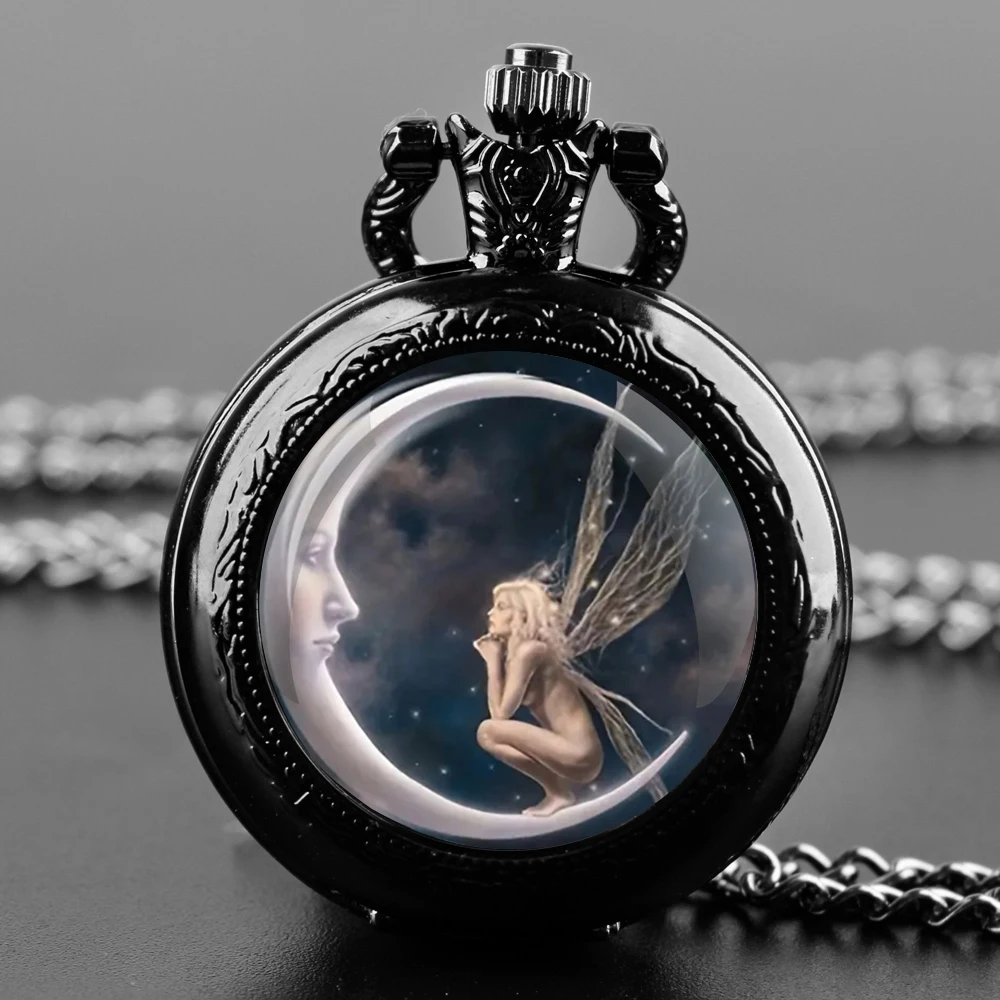 Classic Moon Girl Design Glass Dome Vintage Quartz Pocket Watch Men Women Pendant Necklace Chain Clock Watch Jewelry Gifts