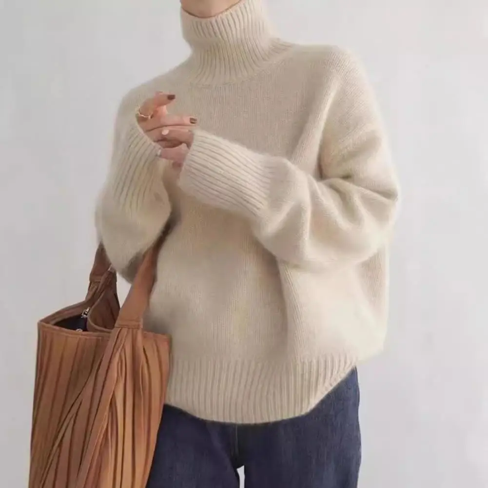 

Women Winter Sweater High Collar Long Sleeve Soft Warm Knitting Tops Solid Color Loose Fit Chic Cashmere Sweater Pullover Tops