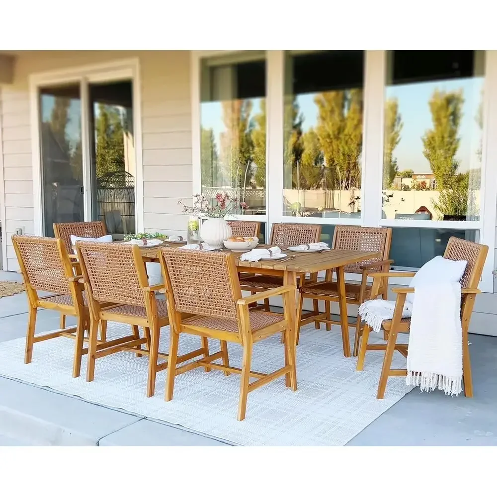 Outdoor Acacia Wood Dining Chairs Set o 6, Armchairs with Strong Wicker Back & Seat, armhouse Style Teak Patio Deck Yard Balcony