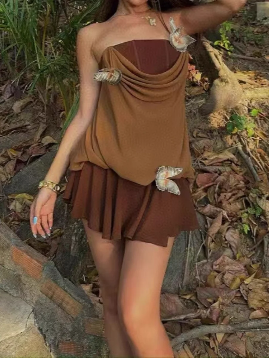 

2025 New Women Sexy Set Butterfly Decoration Strapless Color Patchwork Camisole Top + High Waist Shorts Skirt Holiday Suits
