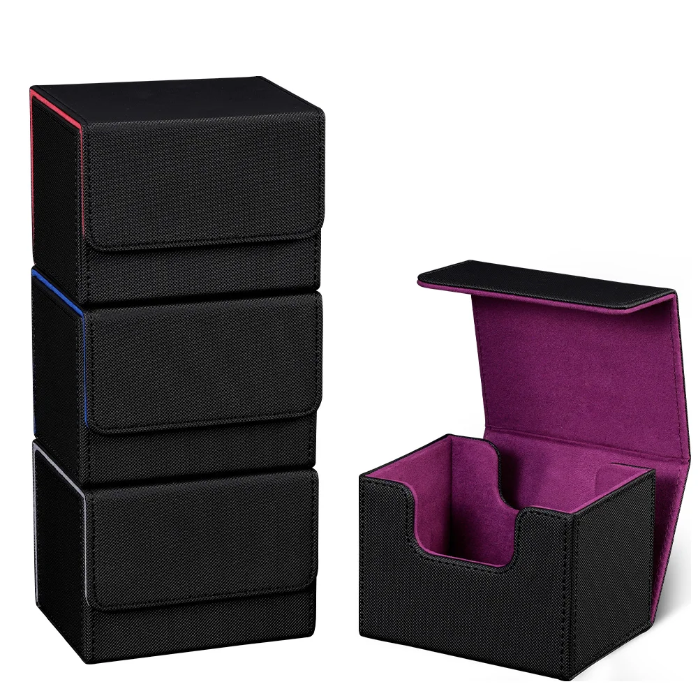 Card Deck Box 4 Pack, Holds 100+ Single Sleeved Cards, PU Leather Strong Magnetic Closure Card Box for TCG Cards