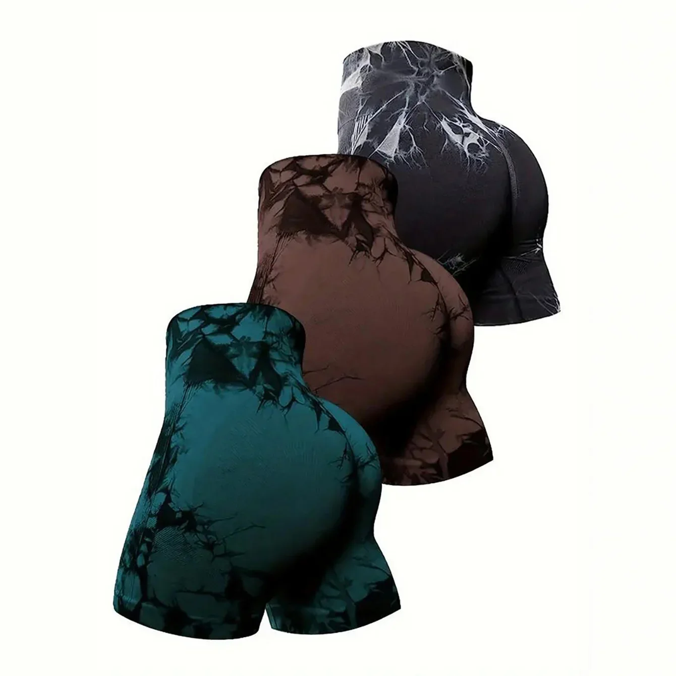 Pantaloncini da allenamento tie-dye da 3 pezzi per le donne Scrunch Butt Lifting a vita alta Yoga Gym Pantaloncini da motociclista senza cuciture da donna Active