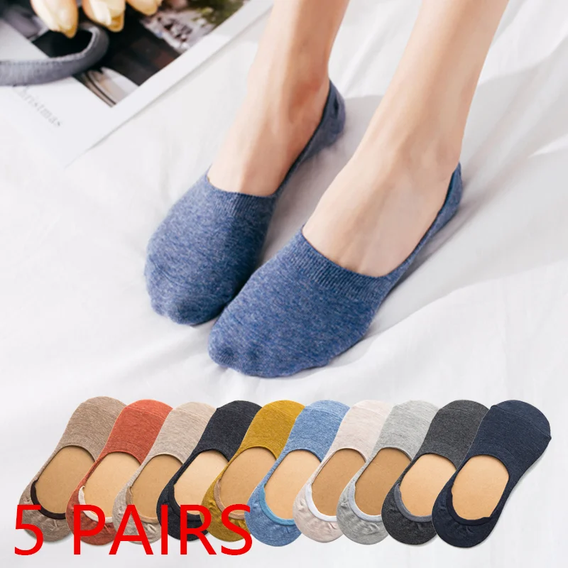 5 Pairs Spring Summer Women Socks Solid Color Fashion Wild Shallow Mouth Felmen Girls Female Invisible No Show Slipper Socks