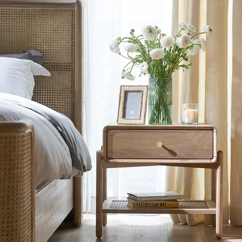 Table de chevet nordique en bois massif, meuble de rangement rétro simple en rotin, meuble latéral en rondins pour la maison B & B avec tiroir