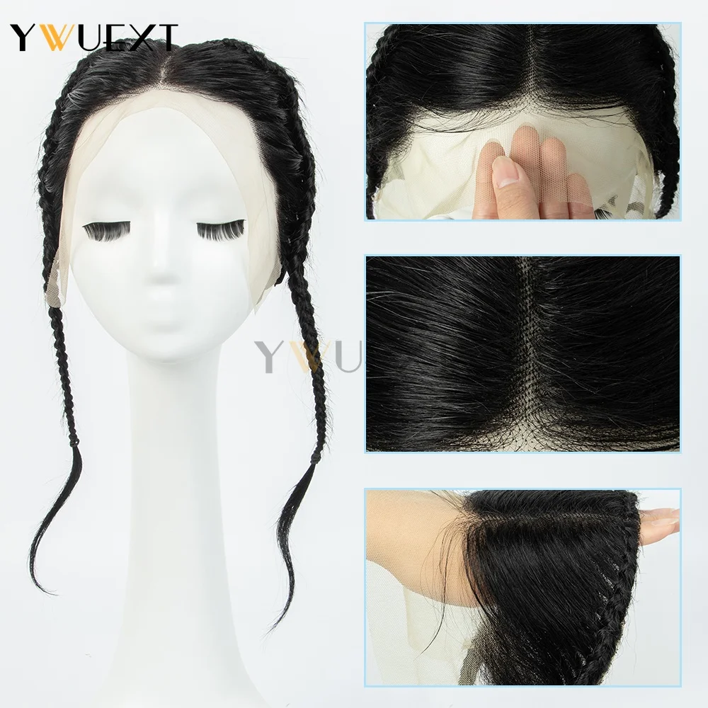 13X4 Transparent Lace Frontal with Braids Hair Topper Human Hair Natural Hairline Color 1B# Double Braid Lace Top Wig