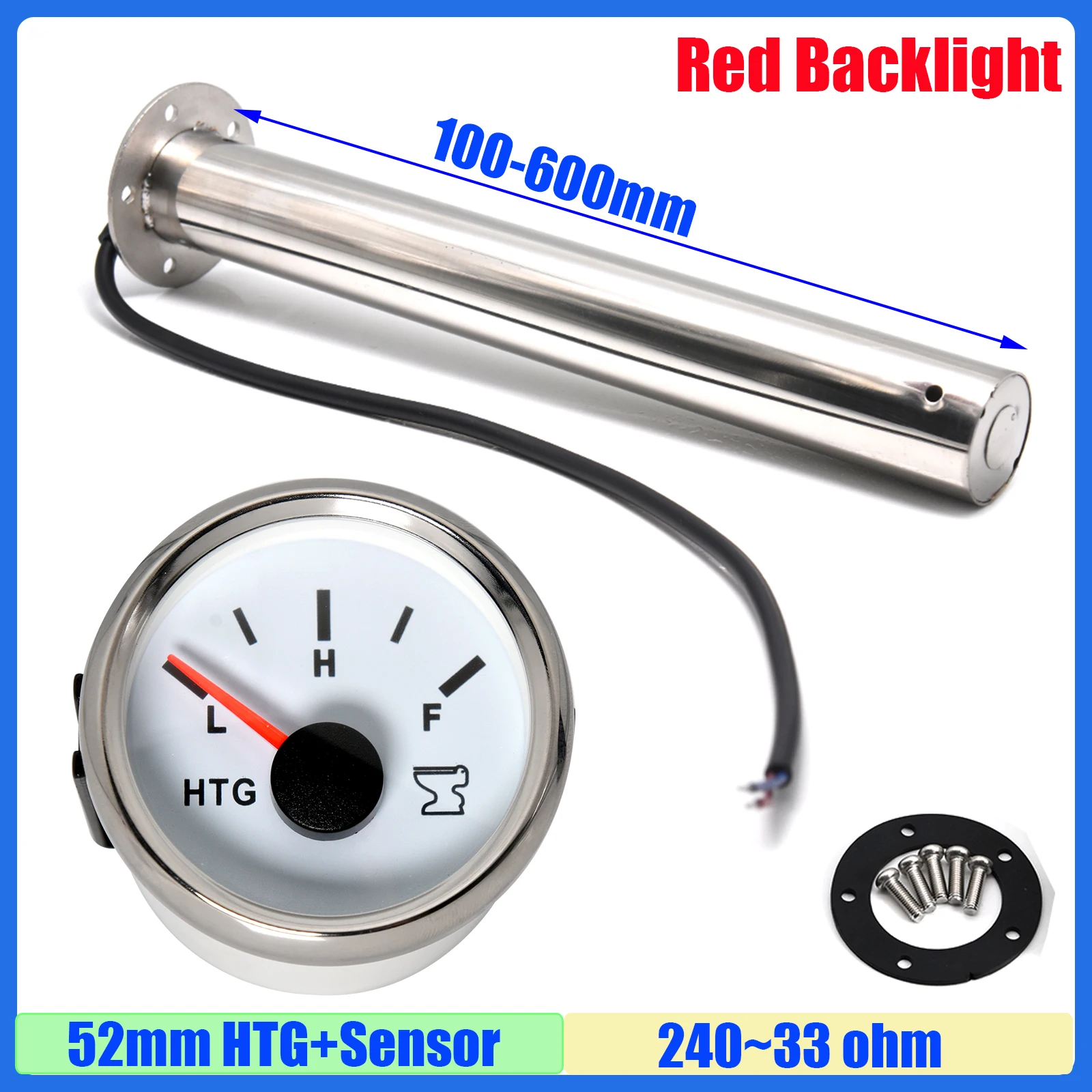 240-33ohm Holding Tank Gauge Red Light Sewage Level Sensor 100-500mm 52mm Waste Level Meter for Car Boat Yacht 12V24V Custom