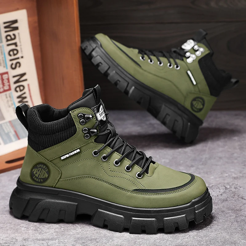 

Mens High Top Boots Outdoor Trendy Motorcycle Anti Slip Leather Sports Shoes Travel Casual Walking Work Boots Man