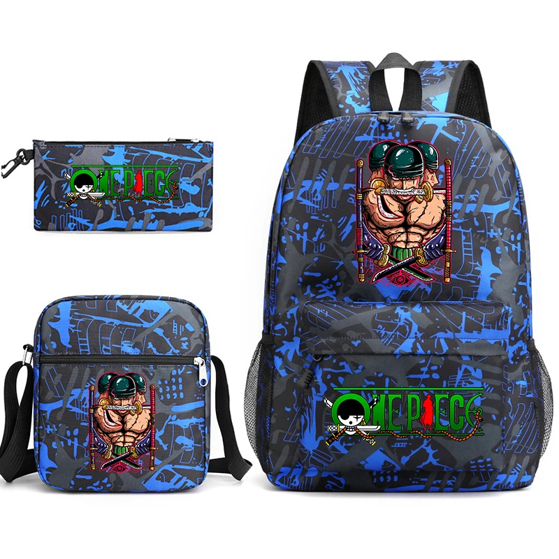 Conjunto de mochila escolar com estampa One Piece Zoro, com bolsa de ombro e estojo para crianças, adolescentes, viagens escolares, leve