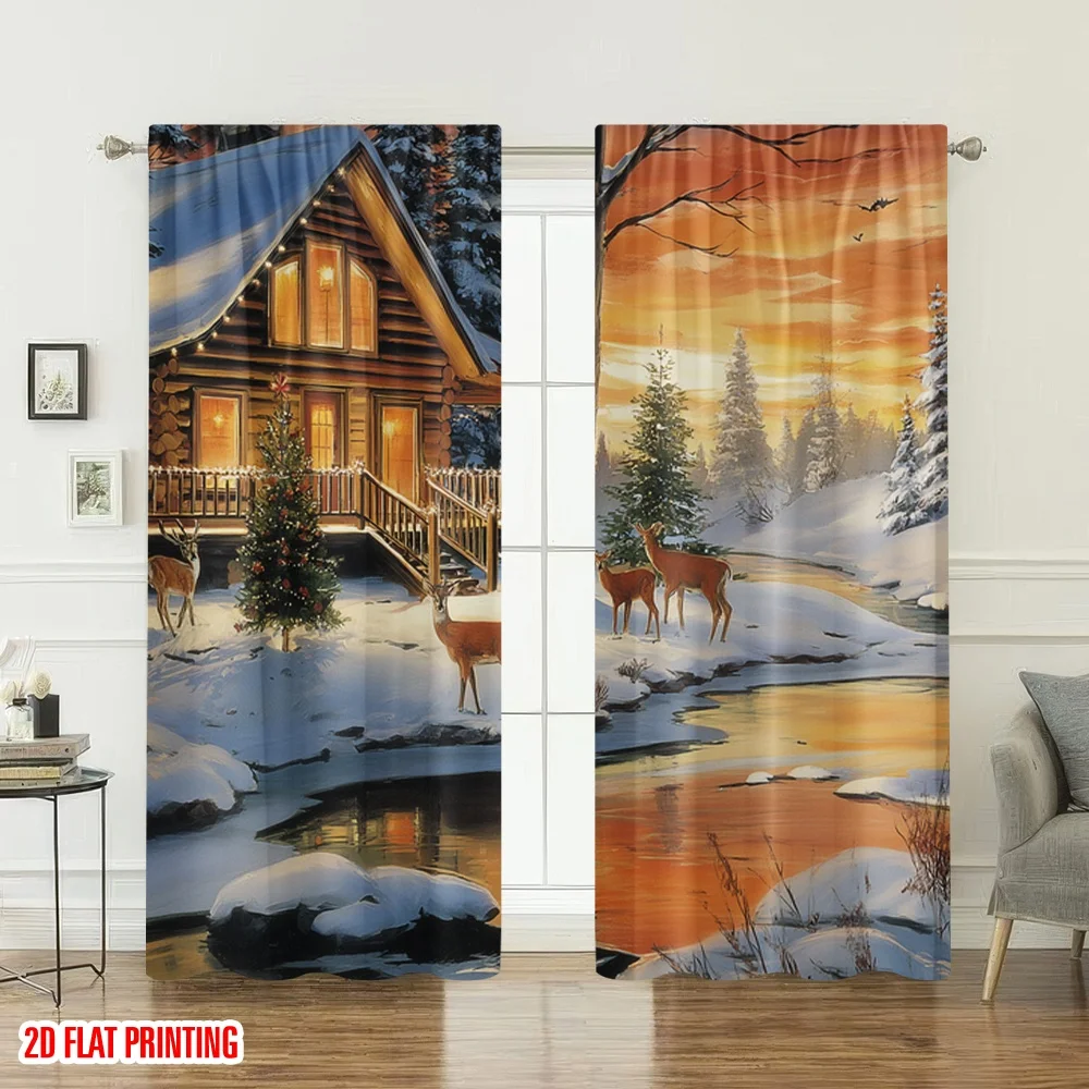 2 قطعة 2D الطباعة المسطحة ستائر عيد الميلاد المألوف مريحة المقصورة الغزلان عيد الميلاد المشهد الرقمية المطبوعة البوليستر الستائر عطلة #6