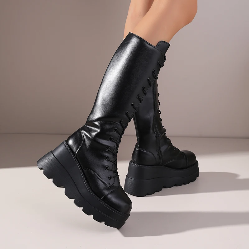 ​ ​ 2025 가을 겨울 신상 여성용 블랙 레이스업 니하이 라이딩 부츠 - 플랫폼 힐 승마 부츠 다리 슬림 효과 롱부츠