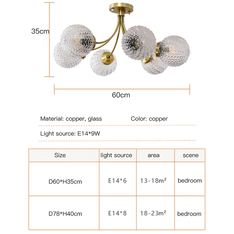 Lampu gantung Led tembaga Nordic, lampu kaca untuk ruang tamu kamar tidur dapur pencahayaan gantung kilau Dekorasi Rumah