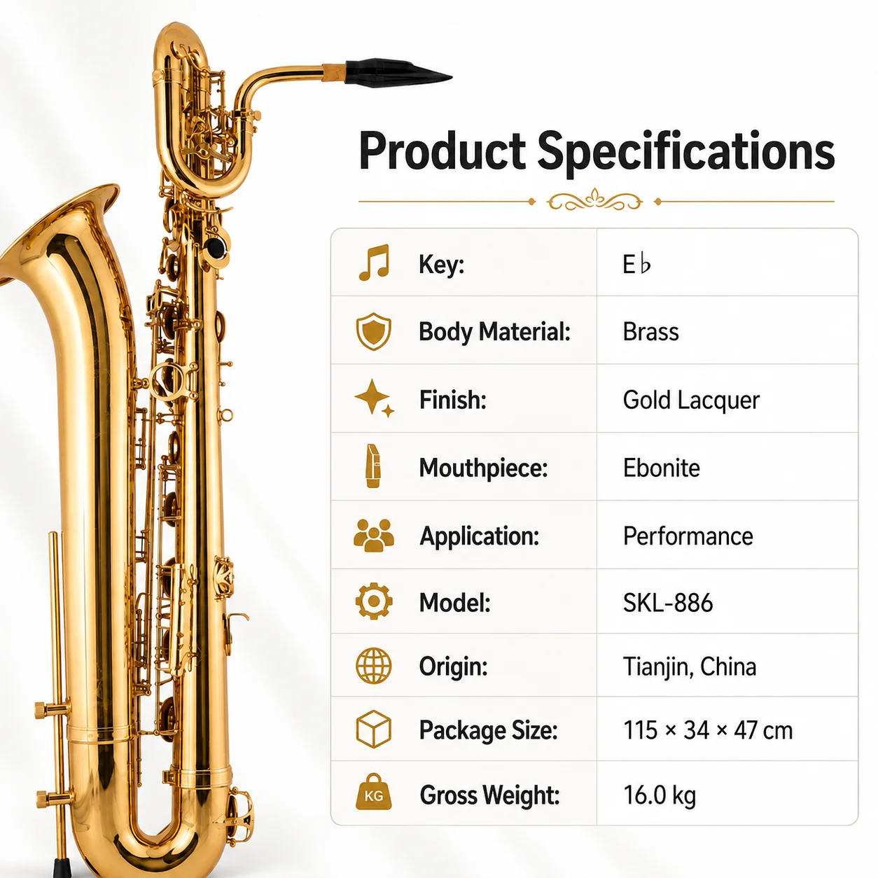 Bass Saxophone EB Scale, Brass, Adjustable Alto Saxophone for Performance, Gold Lacquered, Lacquered Resin Head