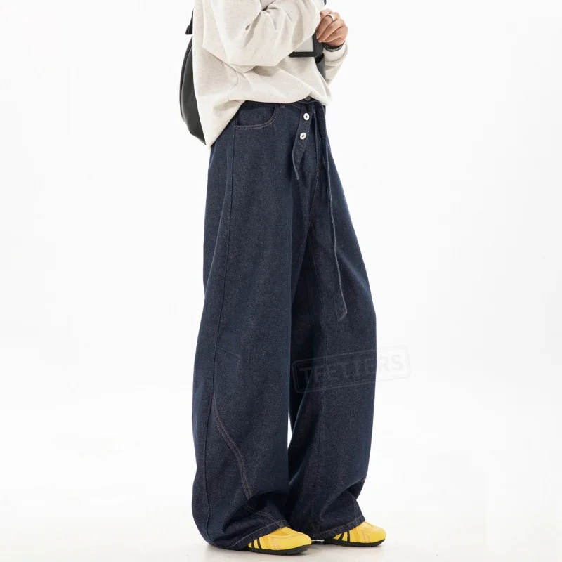 TFETTERS 2026 Autumn Vintage Raw Denim Wide Leg Jeans Men Curved Scimitar Silhouette Adjustable Button Waist Baggy Loose Pants