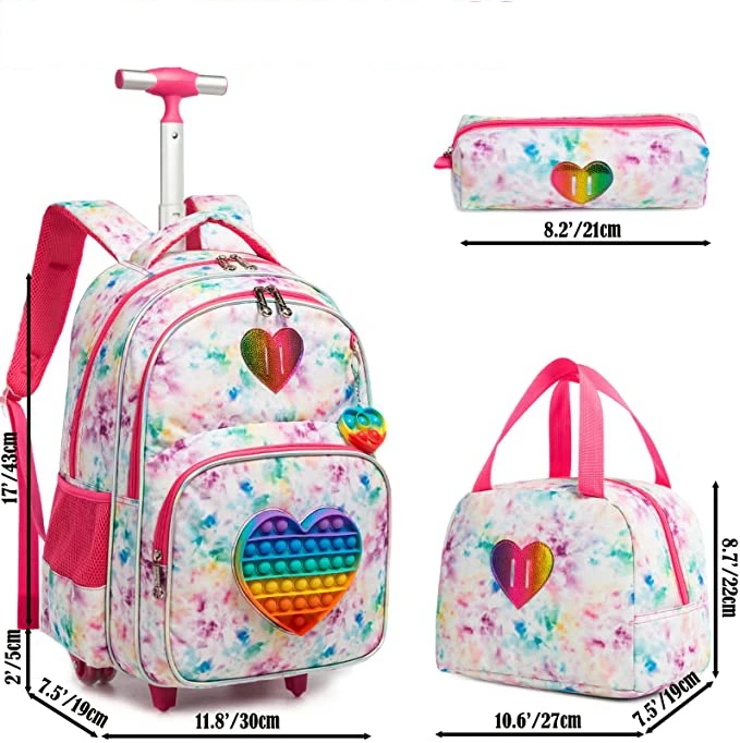 17 Inch school trolley backpack bag School Rolling bag for girls school wheeled backpack lunch bag set schoolbag with wheels