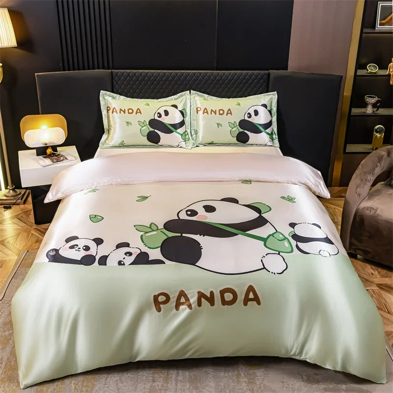 

Cute Panda Bedding Set Single Queen Size Cartoon Printing Silk Quilt Covers Set for Kids Adults Duvet Cover Sets Bedroom Decor