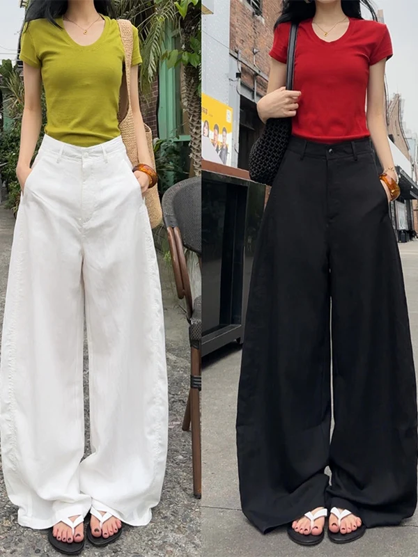 

Летние женские повседневные брюки из шелка и лиоцелла, струящиеся, из матового ледяного шелка, широкие, с высокой талией, на молнии, свободного кроя, глубокого цвета