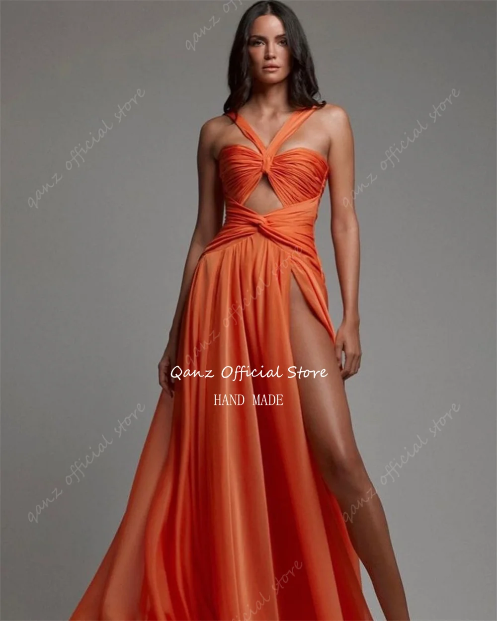 Qazn Sexy Silk Chiffon Evening Dresses Orange High Leg Slit Prom Dresses Mermaid Halter Neck Event Party Dress Women Customized