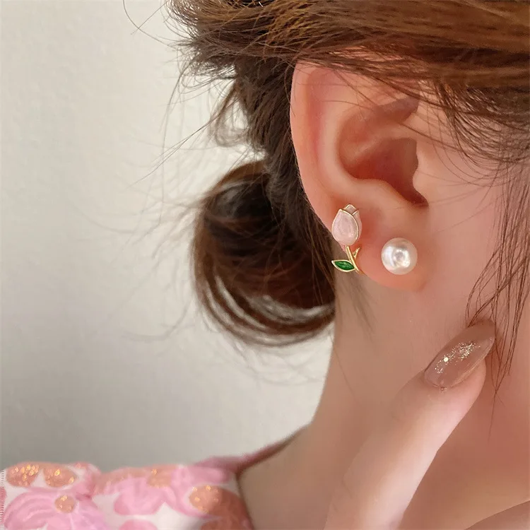 Sweet Fashion Enamel Pearl Tulip Flower Stud Earrings For Women Korean Temperament Zircon Back Hanging Earring Wedding Jewelry