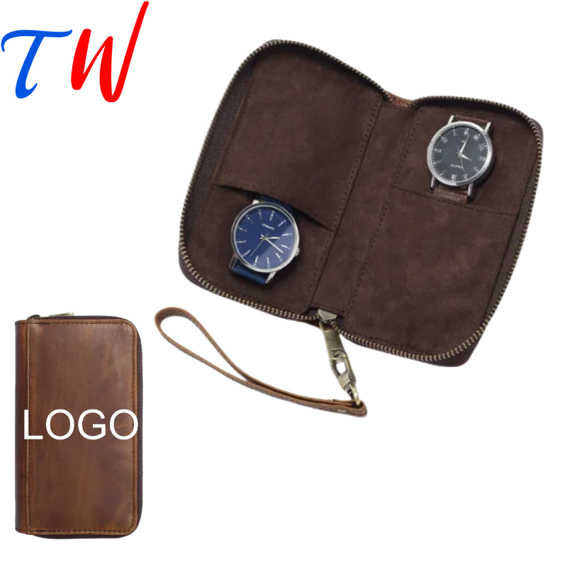 Brown Watch Storage Bag Personalization Watch Organizer Travel Portable Zipper Genuine Leather Watch Case Box Free Custom Logo