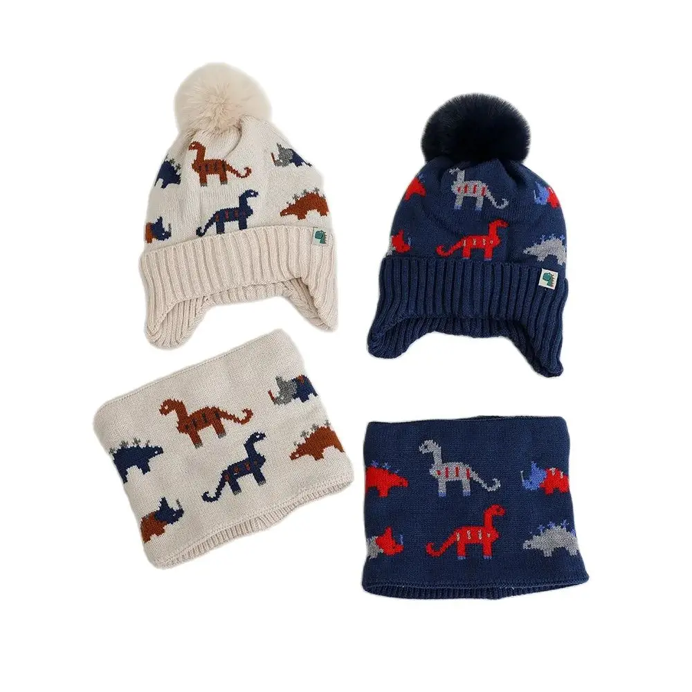 Doitbest-gorros cálidos de invierno para niño y niña, conjunto de bufanda y sombrero, Bola de piel, dinosaurio pequeño, bufandas acrílicas de punto