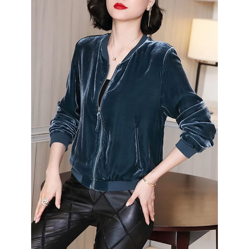 

Темпераментный золотой бархатный цельный топ для женщин, новая модная рубашка с длинными рукавами, короткая куртка