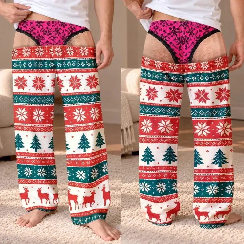 Men's Fun Christmas Fake Pink Underwear Printed Christmas Snowflake Reindeer Tree Pattern Novel Humorous Holiday Funny Pants