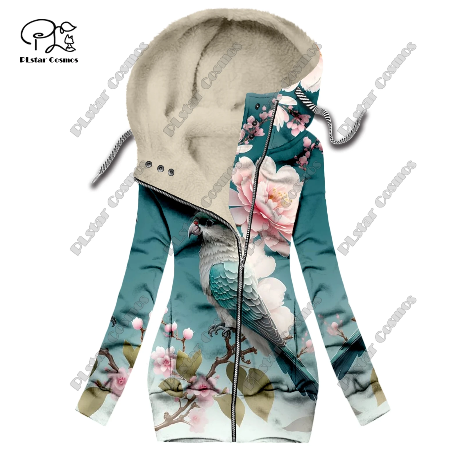 New 3D printing retro series floral and animal patterns plus velvet and warm women\'s long zipper sweatshirt casual winter L-30