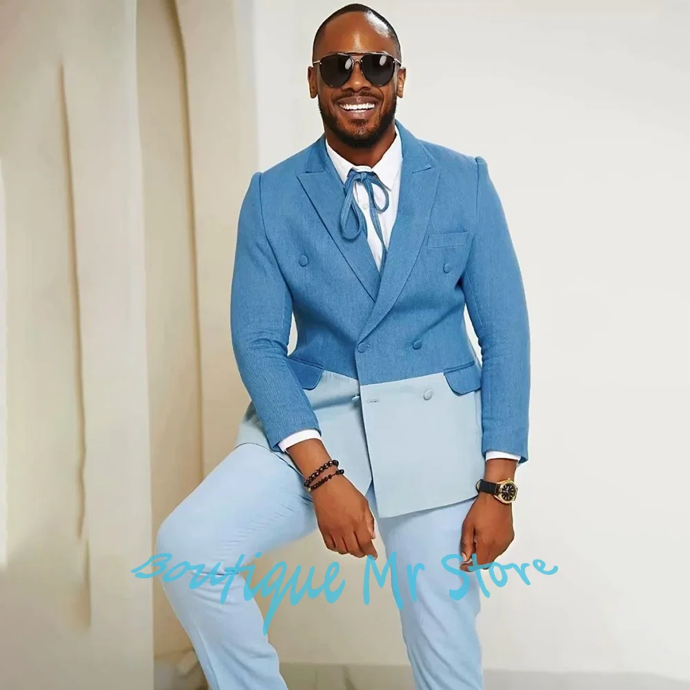 Men’s Two-Tone Light Blue Blazer & Pants Set Smart Two Piece Suit for Casual Formal Party Streetwear Fashion Outfit