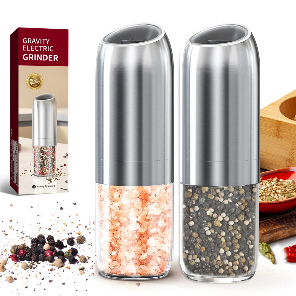 176 مللي مطحنة فلفل كهربائية بمستشعر الجاذبية من الفولاذ المقاوم للصدأ مطحنة ملح وفلفل أوتوماتيكية أدوات مطحنة خشونة قابلة للتعديل