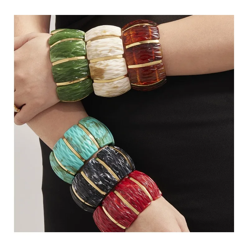 

Seattle High Texture Irregular Texture Wide Surface Resin Elastic Bracelet Plated Real Gold Multi-color Bracelet Color Retention