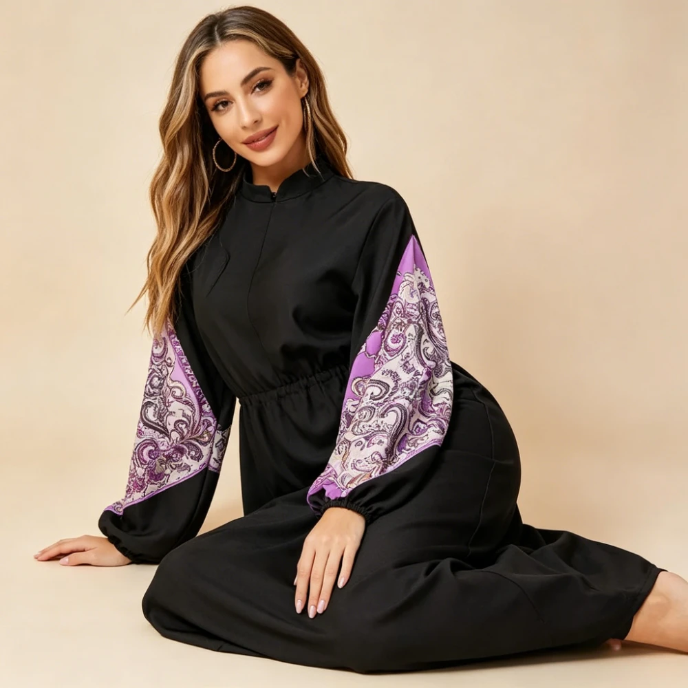 2026 3Pcs Paisley Print Lantern Sleeve Muslim Swimsuit Drawstring Waist Long Maxi Tunic Modest Islamic Bathing Suit with Hijab