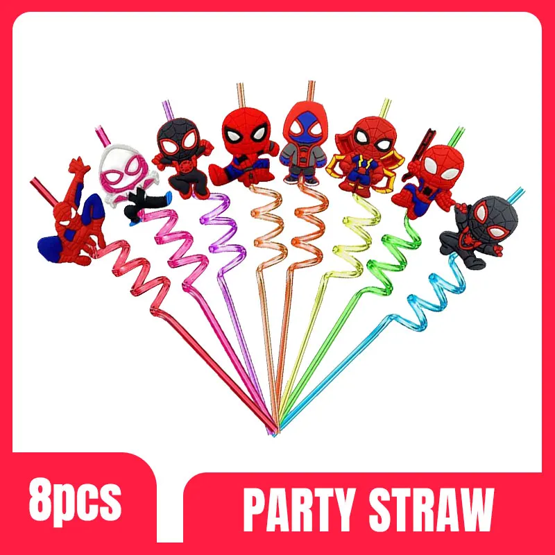 8pcs Spiderman Reusable Straws Cartoon Spiderman Theme Birthday Party Drinking Straws Kid Party Decoration Supplies Baby Shower