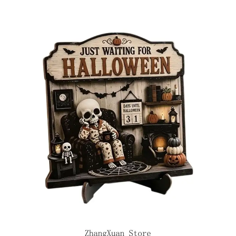 Hölzernes Halloween-Lesethema-Schild für Regalaufstellung, Herbstakzent für Bibliotheksecke und Inneneinrichtung 3XUF – Detail 3
