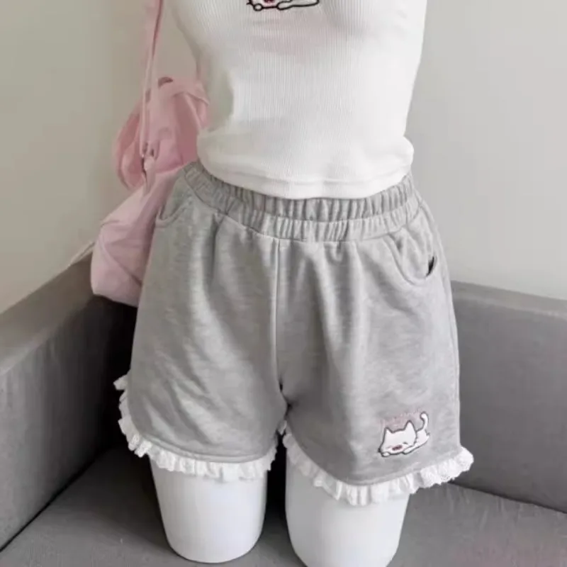 Summer 2025 New Japanese Sweet Cute Cartoon Embroidered Lace Versatile Shorts Student Loose Casual Wide Leg Short Pants Women