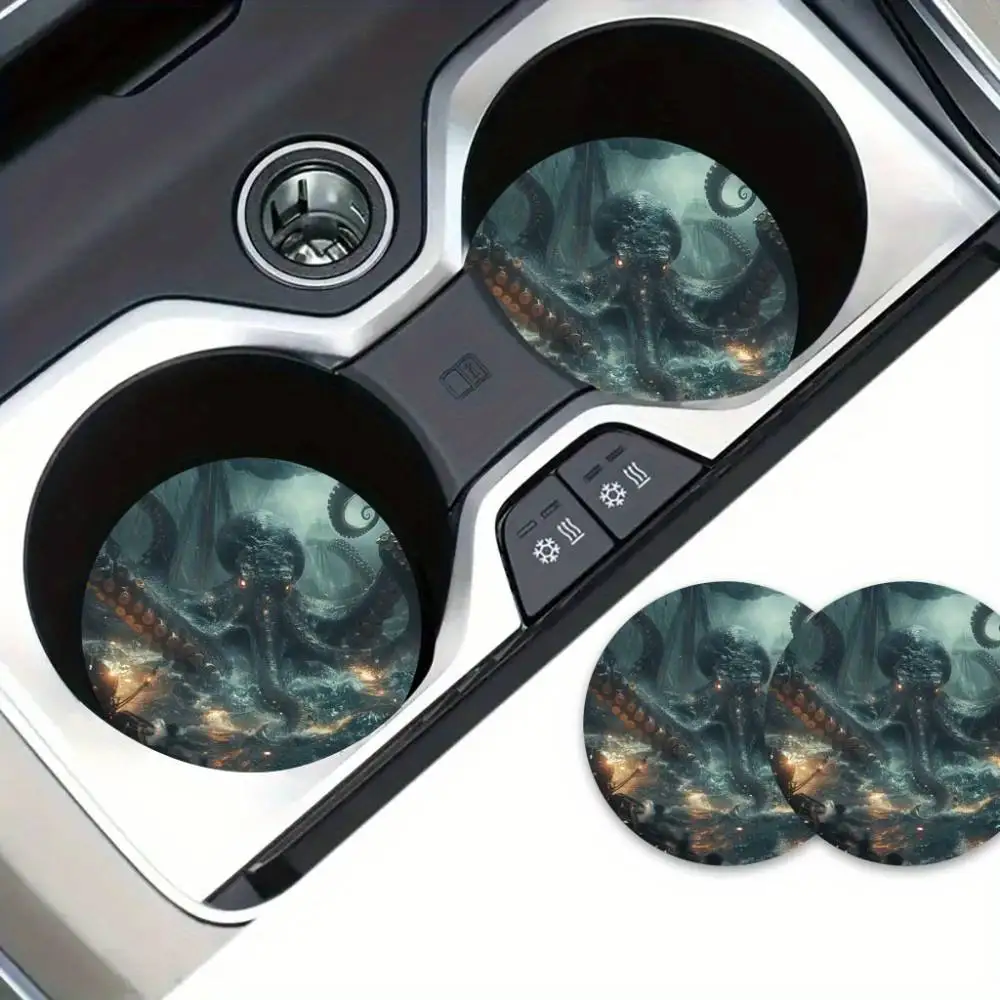 Cthulhu Sea Monster EVA Car Coasters 2pcs 2.75＂ Halloween Octopus Drink Holders Car Interior Decor